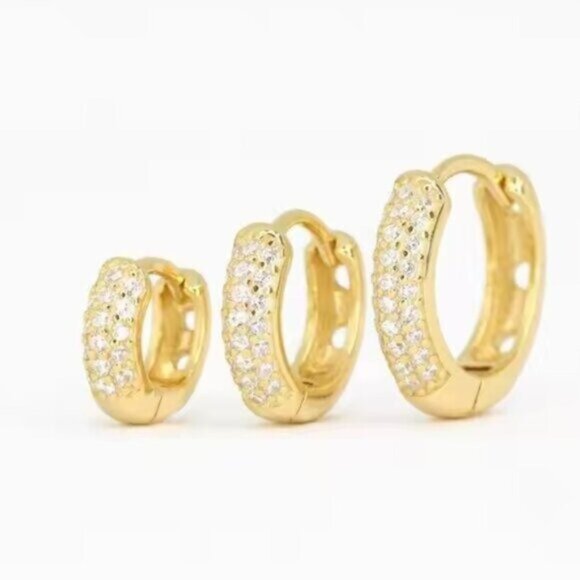 Chunky Gold Pave Huggie Hoop Earrings  8 or 10mm CZ Huggies 18K Gold PRETTY - Picture 3 of 14